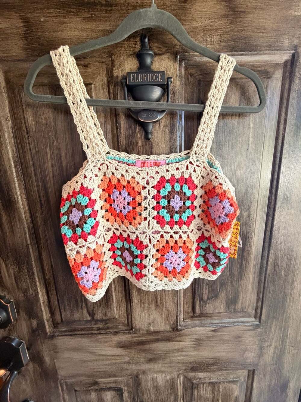 Coco & Shay Retro Multicolor Granny Square Crochet Crop Tank Top Size M NWT